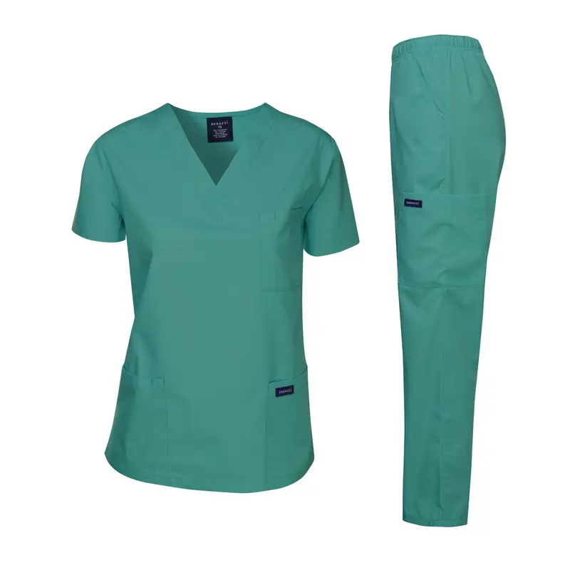 DAGACCI Women's 2-Piece Basic Scrubs Sets for Women, Cotton Blended Classic Fit Clothes with V-Neck Pockets Top & Straight Leg Cargo Pants, Healthcare-Themed Uniforms for Summer Workwear