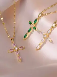 Elegant Leaf Cross Pendant Necklace Set, Unisex Multicolor Fashion Jewelry, Copper Inlay Zircon Stones Zirconia Stainless Steel Chain, Perfect Gift