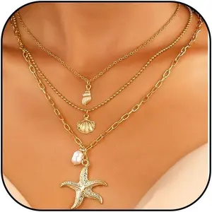Starfish Necklace Shell Necklace Gold Seashell Charm Necklace for Women Trendy Boho Conch Beach Summer Necklace Summer Outfits for Women