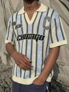 Letter Pattern Casual Loose Simple Striped Korean Basic Versatile Commuter Vintage Polo Neck Zipper Pullover Spring Summer Short Sleeve T-Shirt Knit Top Textured Polo Shirt