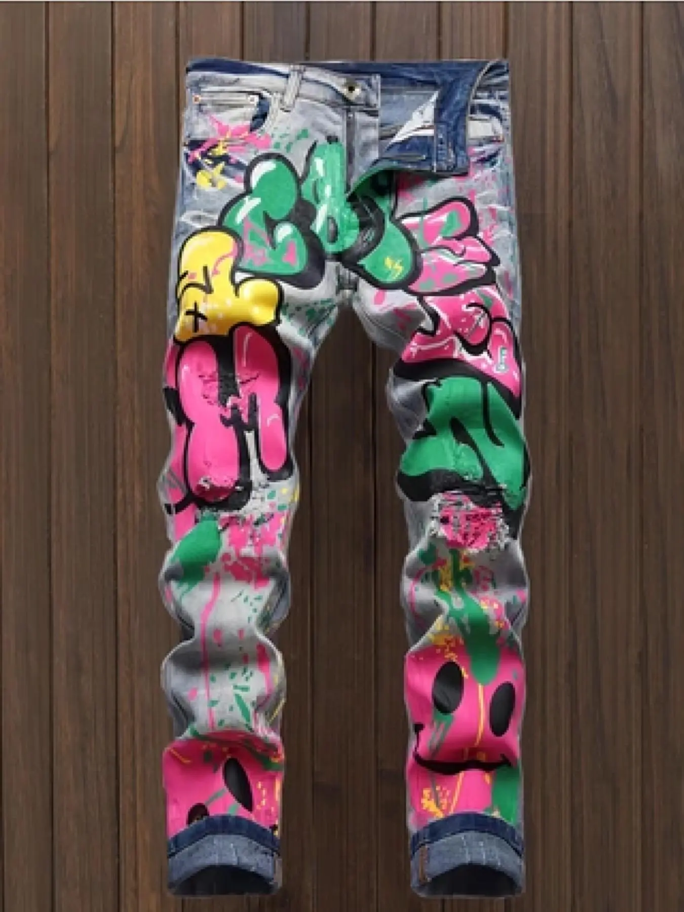Men's Graffiti Print Distressed Jeans, Printed Pants, Casual Comfy Regular Fit Straight Leg Jeans for Daily Wear, Fashion Men's Bottoms for All Seasons