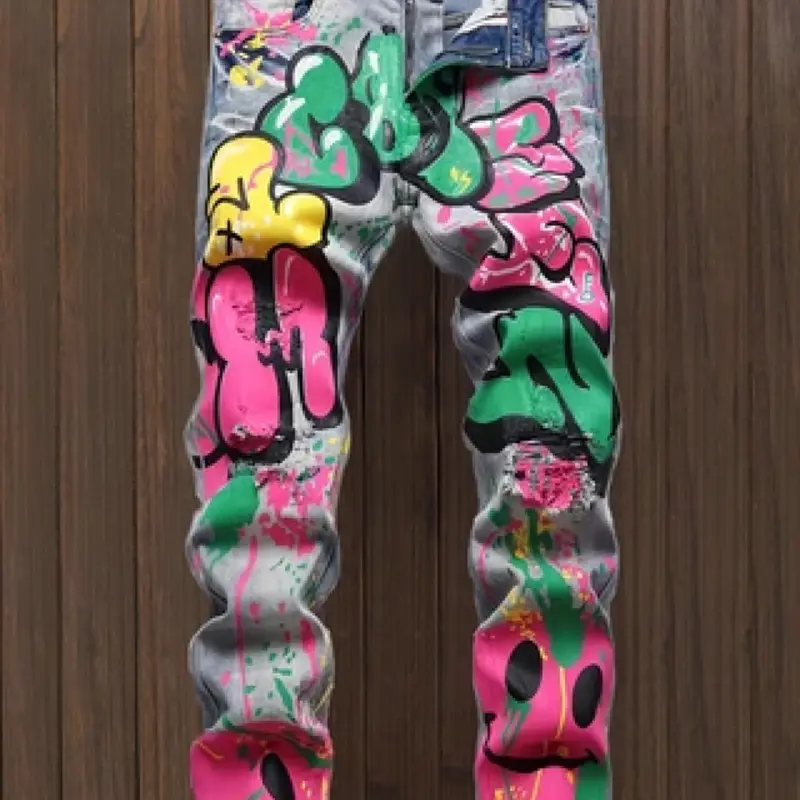 Men's Graffiti Print Distressed Jeans, Casual Comfy Regular Fit Straight Leg Jeans for Daily Wear, Fashion Men's Bottoms Clothing for All Seasons