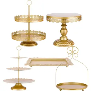 Gold 5Pcs Cake Stands Set Metal Round Cupcake Holder Cookies Dessert Display Plate Serving Tower Tray Platter with Handl for Baby Shower Wedding Birthday Party Celebration