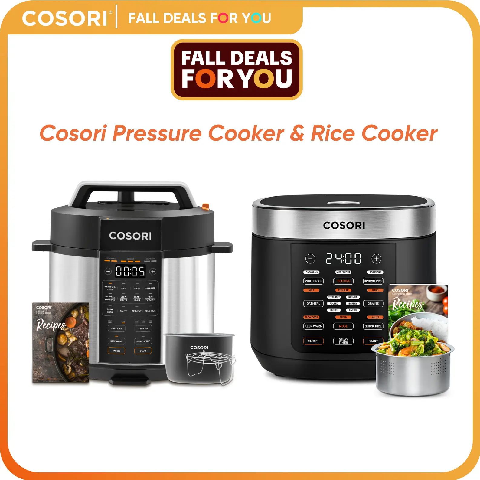 COSORI 9-in-1 Electric Pressure Cooker & 18-in-1 Rice Cooker Bundle: 6 Qt & 5 Qt, Rice, Sauté, Slow Cook, Steam, Sous Vide, Sterilizer, Stainless Stee