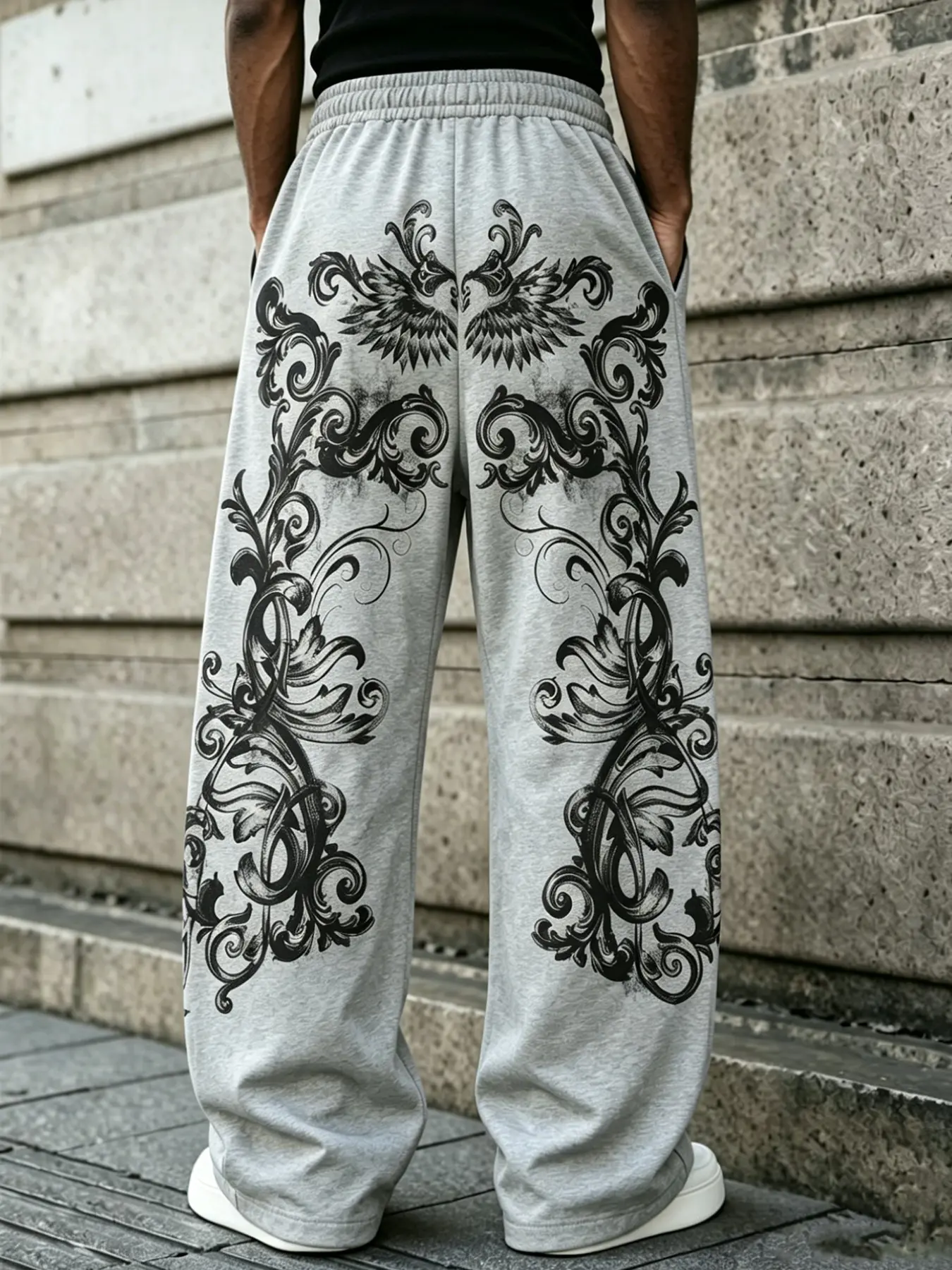 Men's Wide Leg Sweatpants with Dark Baroque Phoenix Graphic Print, Loose Fit High Street American Streetwear Casual Pants, Trendy Men's Fashion, Chic Comfy Pants