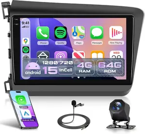 Android 15 4G+64G Car Stereo Radio for Honda Civic 2012-2015, Wireless Carplay Andorid auto Mirror Link GPS Navigation 5G-WiFi Bluetooth 5.0 9'' Touchscreen FM/RDS EQ-32 SWC Backup Camera