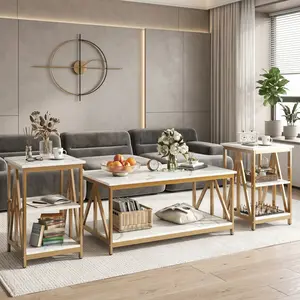 3 Pieces Living Room Table Set, Industrial Square Coffee Table Combo with 2 Pcs End Side Tables, Sturdy Metal Frame Accent Table, Multifunctional Modern Home Furniture, Space Saving Practical Table Set, Easy Assembly Decor for Apartment, Home, Office Indo