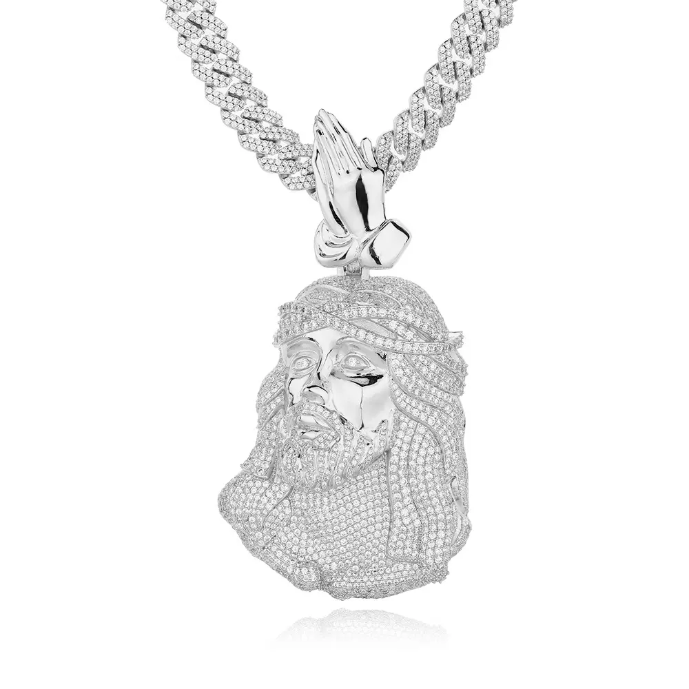 Iced Zircons Jesus Head Pendant with Prayer Hands, Spiritual Symbol Hip-Hop Statement Charm, Sparkling Artificial Gemstone Accessory for Streetwear Vibe, Head Charm, Paved Finish