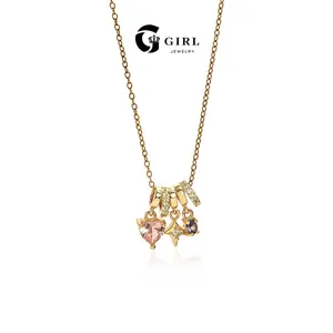 GGIRL 14k Gold Plated Dopamine Pink Zircon Heart Multiple Pendant Necklace for Women Young Girl Sparkling Star Pendant Clavicle Chain Exquisite Summer Jewelry Versatile  for Daily Party Outfit,Ideal Charm Gift for Her on Birthday Valentine's Day