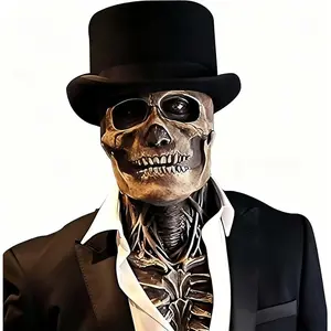 Realistic Full Head Adult Skull Mask With Hat - Adjustable Latex/hard Horror Halloween Costume, Anatomical Facial And Mandible Design, Breathable And Tear-resistant, Suitable For Role-playing, Horror Parties, Theme Events - One Size For Mos