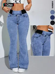 GILIPUR Y2K 2026 Women's Back Shirred Jeans, Mid - Rise Elasticity Waist Flared Jeans, With Pockets, Light Blue Washing Process, Kardashian Style, Women's Bell - Bottoms Wide - Leg Jeans, Waist - Cinching Design, Tchic