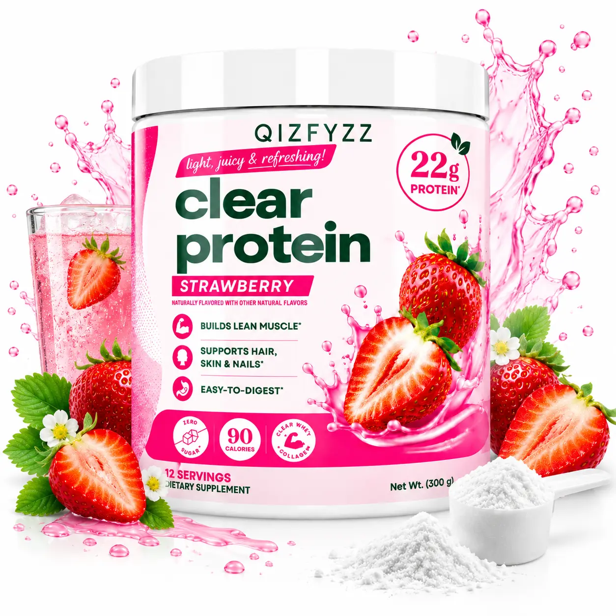 Clear Whey Protein Isolate Powder – Strawberry, Watermelon, Peach & Pineapple Flavors, 12 Servings, 22g Protein per Serving, Sugar-Free Post-Workout Drink with Collagen Peptides & Digestive Enzymes, Only 90 Calories