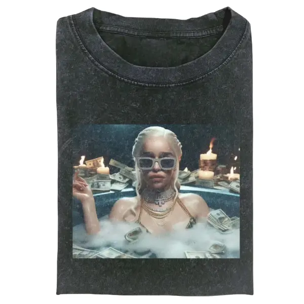 Women's Heavyweight Cotton Crew Neck Short Sleeve T-shirt - Vintage Game of Thrones Daenerys Dragon Queen Blonde Queen Money Bathtub Meme Graphic - Normal Type for Enthusiasts & Meme Lovers - Retro Vibe Casual Top
