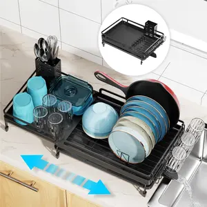 GSlife Large Dish Drying Rack - Extendable Dish Racks for Kitchen Counter, Multifunctional Auto-Draining Dish Drainer with Pan Holder & Cup Holders, Rust-Resistant, 24.3" L x 12.6" W, Black