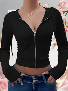 Light Sporty Hooded Zipper Top, Athleisure Hoodies, Early Autumn New Arrival, Slim Fit Slimming Undergarment, Casual Commute Wear, Solid Pattern, Spring & Fall Outerwear