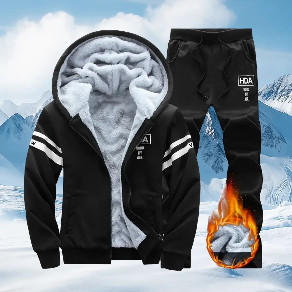 JOGWAVE Men's Winter 2-Piece Sweatsuit Set Outfit - Fleece-Lined Thick Polyester Zip-Up Hoodie, Breathable Full-Zip, Drawstring, Relaxed Casual Fit, Slim-Cut Stretch Pants with Pockets, Retro Minimalist Athletic Set