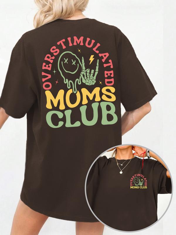 Women's Overstimulated Moms Club Round Neck Graphic Tee, Vintage Trendy Casual Short Sleeve T-shirt for Daily Wear, Ladies Summer Outfit, Top