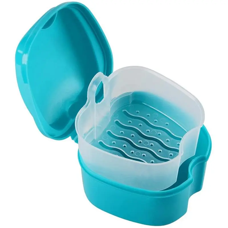 Denture Storage Cup with Removable Strainer Basket, Covered Container for Holding False Teeth and Compatible Dental Appliances, Bathroom Organizer for Daily Storage, Cleaning Routines and Travel Toiletry Packing, Blue