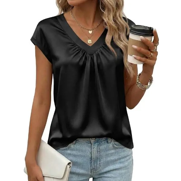 Fisoew Womens Silk Satin Tops Summer Short Sleeve Blouse V Neck Shirts Loose Business Dressy Casual Office Work Outfits