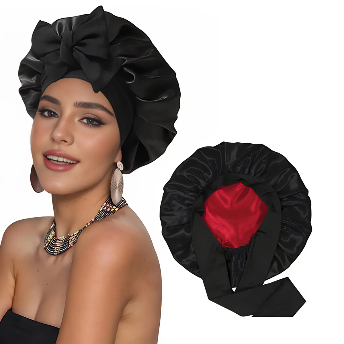 Satin Bonnet, Silk Bonnet for Sleeping, Silk Sleep Cap, Double Layer Hair Bonnet Elastic Tie Band For Women, Curly Hair, Night Cap, Heatless Styling Tool for Women Silky Haircare christmas gift ideas
