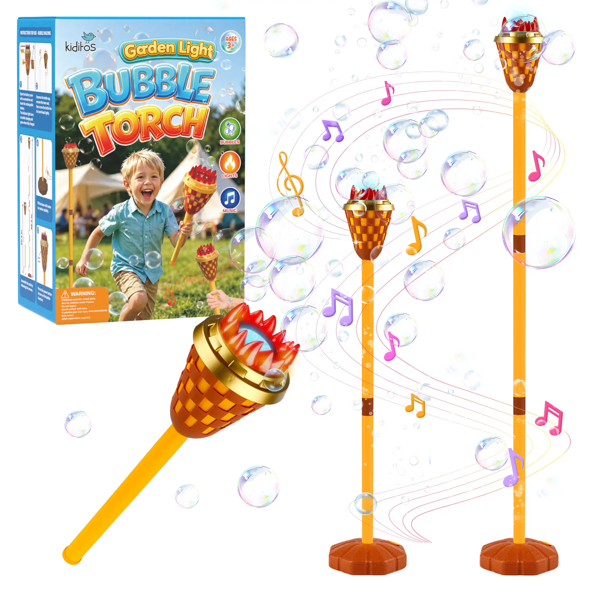 Kiditos Torch Bubble Machine for Kids, 2-in-1 Standing Bubble Maker with LED Lights & Music, Adjustable Height Rechargeable Bubble Blower for Backyard, Pool Parties & Outdoor Fun, Birthday Gift Ages 3+