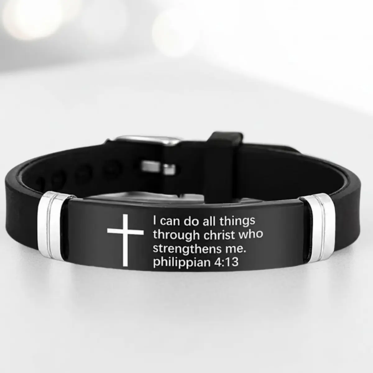 Unisex Engraved Cross Bible Verse Bracelet - Soft Silicone Steel-Rubber Band, Durable Stainless Steel ID Wristband, Adjustable Easy-to-Wear Inspirational Religious Faith Accessory (Fashion Costume Jewelry for Bracelets & Bangles)