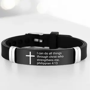 Inspirational Bible Verse Cross Bracelet, Christian Silicone ID Wristband for Men & Women, Adjustable Religious Gift with Stainless Steel & Rubber, Faith-Based Prayer Accessory