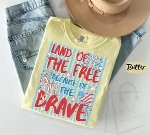 Comfort Colors Land Of The Free Because Of The Brave Tee, Retro 4th of July Shirt, America Coquette Shirt, Independence Day Retro Bow Shirt