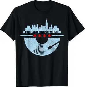 100% Cotton Chicago House Music DJ Raver Vinyl Skyline Retro Vintage T-Shirt