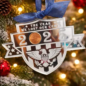 Penny Ornament- The Year we lost our Cents - 2025 commemorative penny ornament- this sleek laser cut and engraved mirrored acrylic not only looks beautiful on your tree, but also commemorates the last minting of the Americana Penny.