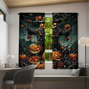 2 pieces, dark Halloween straw man pumpkin print pattern. Installed by threading the pole. High-definition digital printed curtains. Suitable for living room, closet, bedroom, study, dining room, and home decoration.