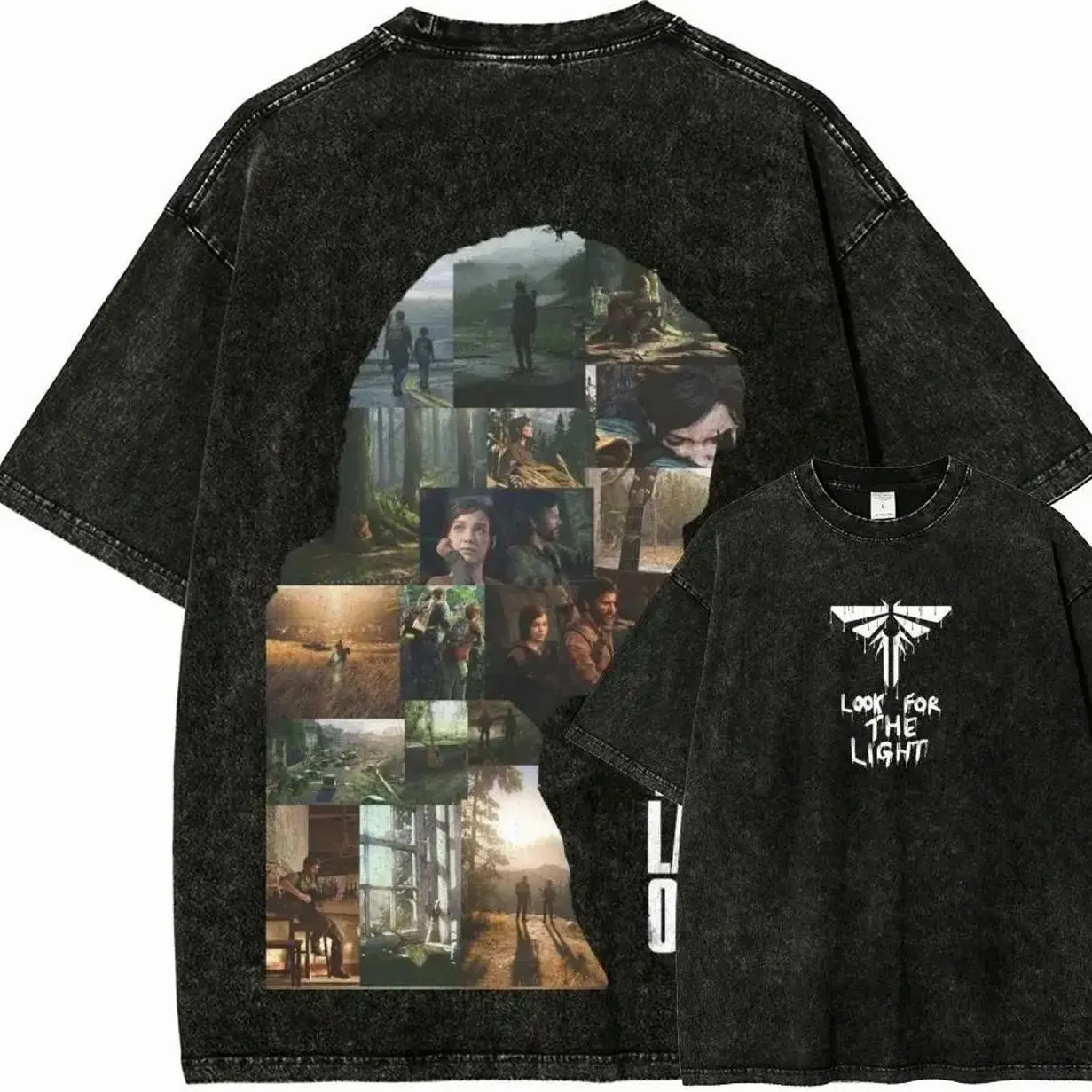 Men's Vintage Casual Cotton T-Shirt - Unisex Premium Oversized Round Neck Top, The Last of Us Ellie & Joel Collage Graphic, Post-Apocalyptic Game Retro Print, Distressed Black, S-3XL, Ideal for TLOU Fans, Perfect for Him C7B