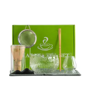 7-Piece Matcha Set,Transparent Glass Japanese,Style Matcha Tea Set,Reusable Matcha Preparation Tools.Includes a Matcha Bowl with A Spout,A Bamboo Matcha Whisk,A Tea Scoop,and A Whisk Stand,Ideal for Matcha Enthusiasts.