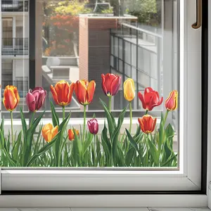Fresh Painted Tulip Flower Glass Window Home Decoration Static UV Film Sticker, Beautiful Floral Design for Windows, Enhance Your Living Space, Floral Pattern Sticker