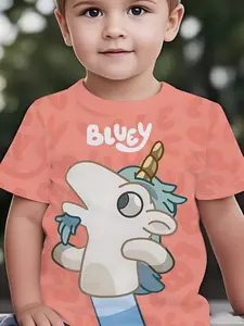 Kids Short Sleeve 3D Bluey Unicorn Costume Cartoon Print, Summer Fashion Soft Top for Daily Wear, Perfect Holiday Gift