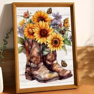 Cowboy Boots & Sunflowers Pattern DIY Diamond Arts Colorful Painting Kit without Frame, DIY 5D Diamond Arts Colorful Painting for Home Wall Decor