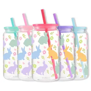 Easter Bunny Pattern Mason Cup with Lid & Straw, 16oz/500ML Cute Coffee Cup, Drink Cup for Home Office School, Birthday Gift, Bottle, Drinkware Water Bottles