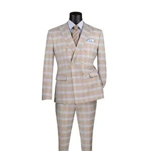 Tan Windowpane Double Breasted Slim Fit Suit