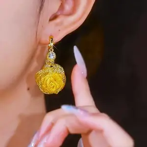 LisiZen Rose Flower Hoop Earrings 14K Gold Plated Net Design with Sparkling Rhinestones, Chic Vintage Inspired Statement Jewelry for Women DZEH4270