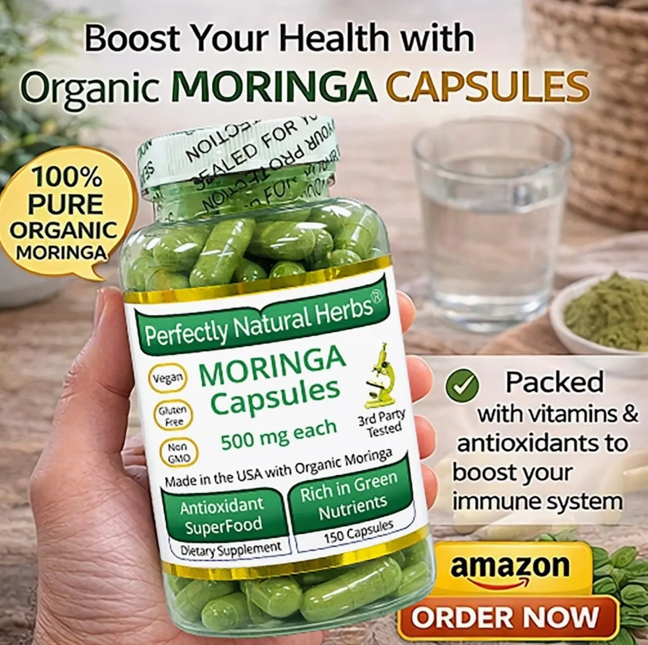 150 Moringa Capsules Made With USDA Certified Organic Moringa Leaf Powder, Net Weight of 500mg per Capsule