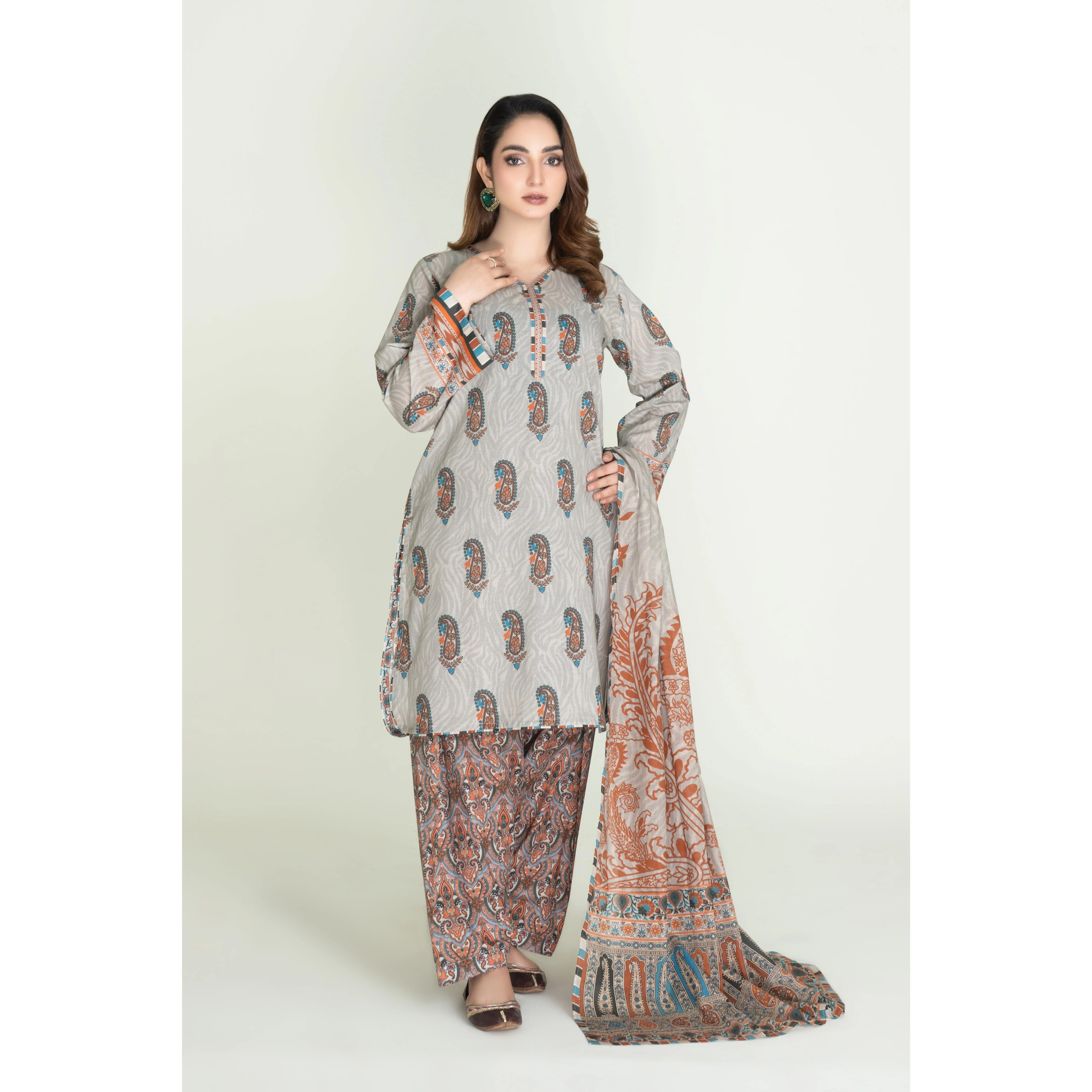 Women's 3PC Printed Stitched Breathable Lawn Suit - Shirt, Matching Trouser, Elegance Design, Style KLA-3715