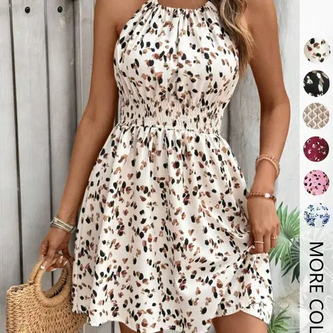 Women's All Over Print Halter Neck Dress Boho Fashion Chic Casual Sleeveless Short Dress for Beach Holiday Vacation, Ladies Summer Clothes Boho Beach Sundresses