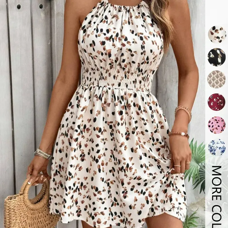 Women's All Over Print Halter Neck Dress Boho Fashion Chic Casual Sleeveless Short Dress for Beach Holiday Vacation, Ladies Summer Clothes Boho Beach Sundresses