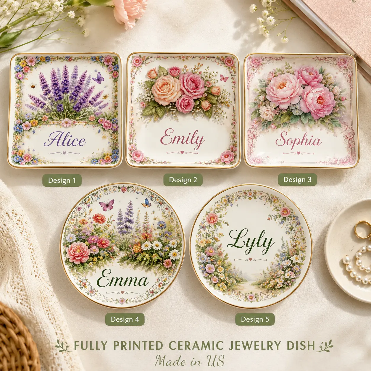 Personalized Floral Jewelry Dish, Custom Name Ring Dish, Vintage Ceramic Trinket Tray, Birth Flower Gift for Her