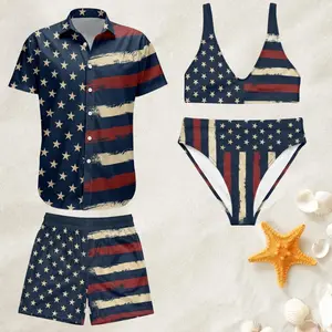 Matching Couple Swimwear, Navy Blue American Flag Stars and Stripes Distressed Brush Stroke Patriotic Bikini Top Bottom & Mesh Button Shirt Shorts Set, Perfect Gift for Him and Her