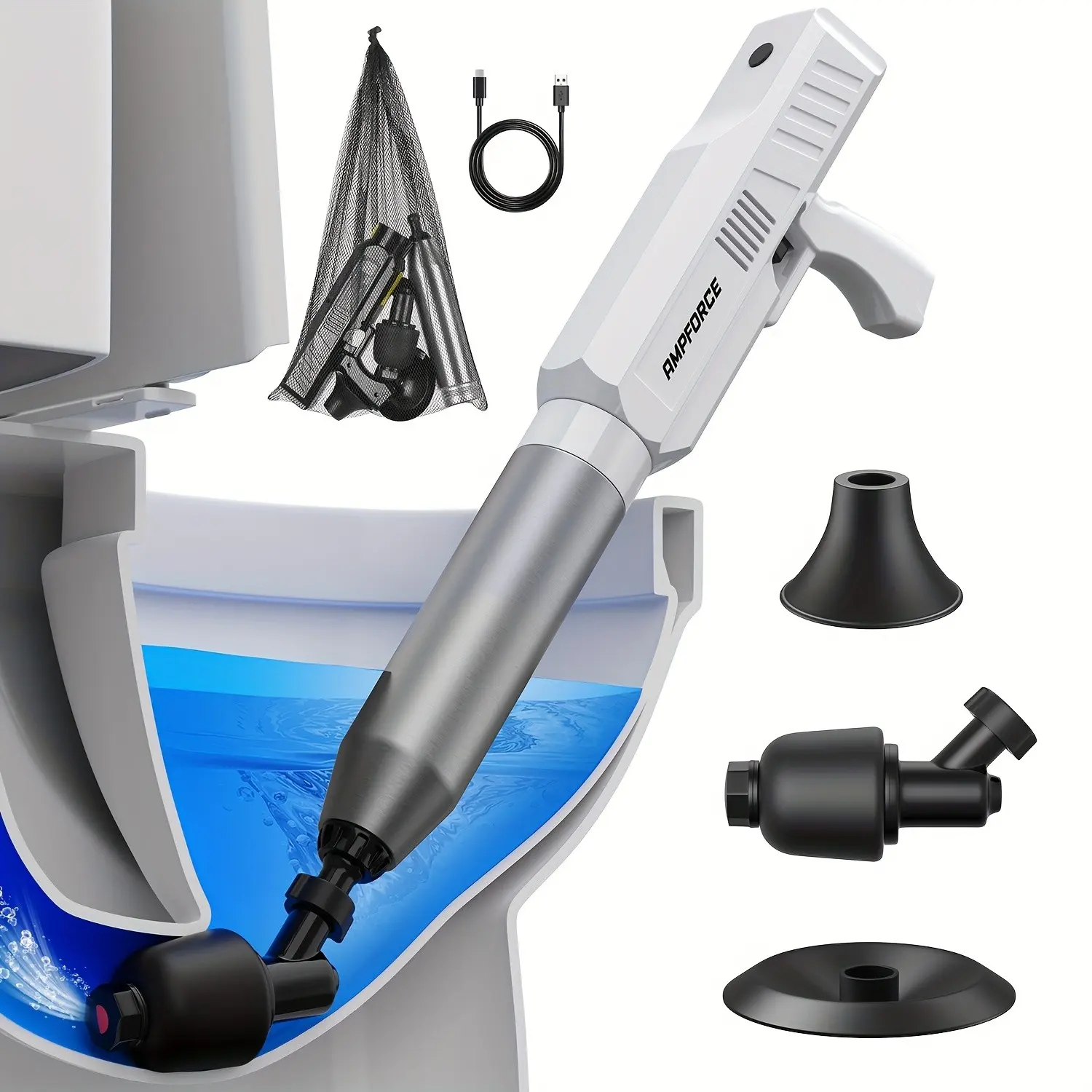 8V Cordless Electric Toilet Plunger, High-Pressure Pneumatic Toilet Unclogger With Real-Time Pressure Display, Professional Power Drain Opener For Clogged Toilets, Sinks & Floor Drains, Mess-Free & Reusable