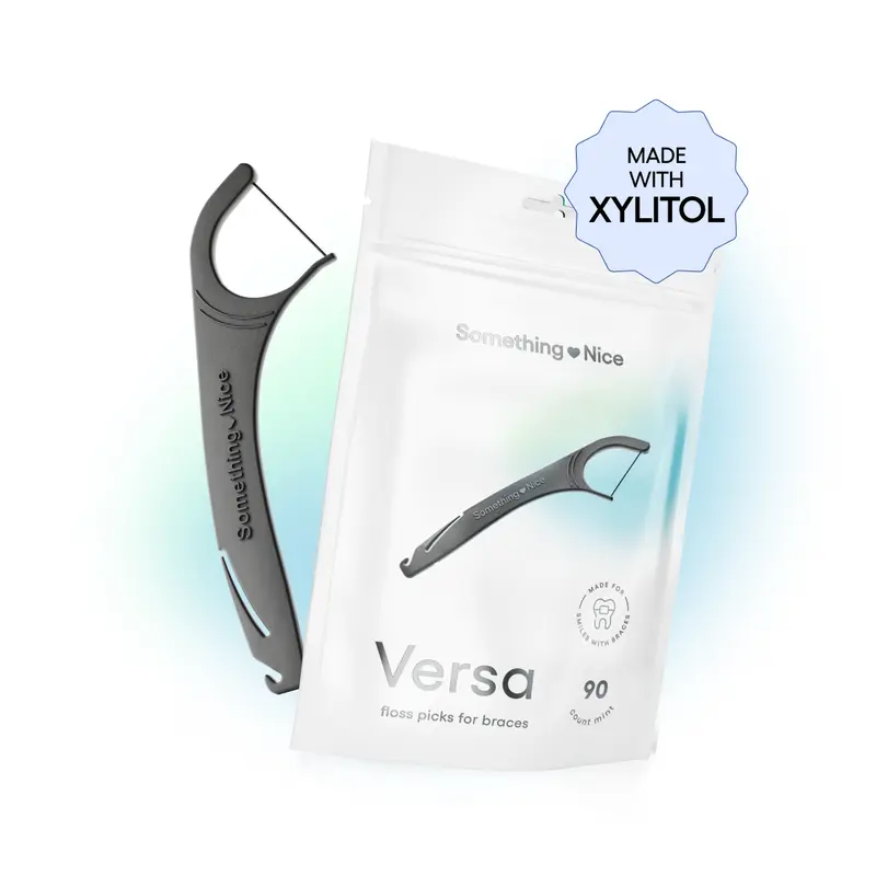 Versa Braces Floss Picks by Thebentist, with Rubber Band Hook, Mint Flavored, Xylitol Protection Boost, and Tongue Scraper