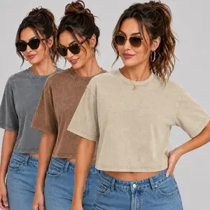 1/3 Pack Women's Cropped T-Shirt — Retro Acid-Wash Distressed Style, Short-Sleeve Pure Cotton Crop Top, Casual Streetwear Look