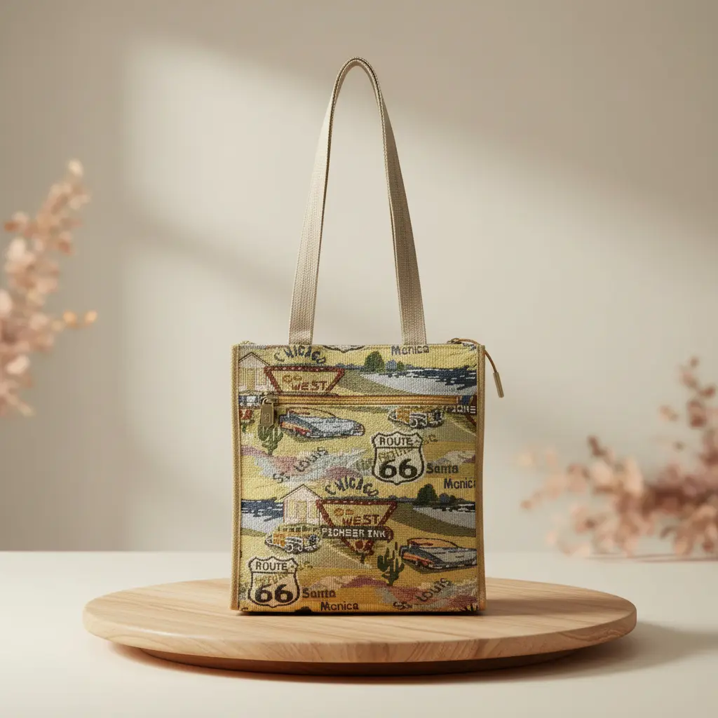 Vintage Route 66 Tote Bag – Multi-Pocket Tapestry Shoulder Bag with Zipper & Inner Pouch