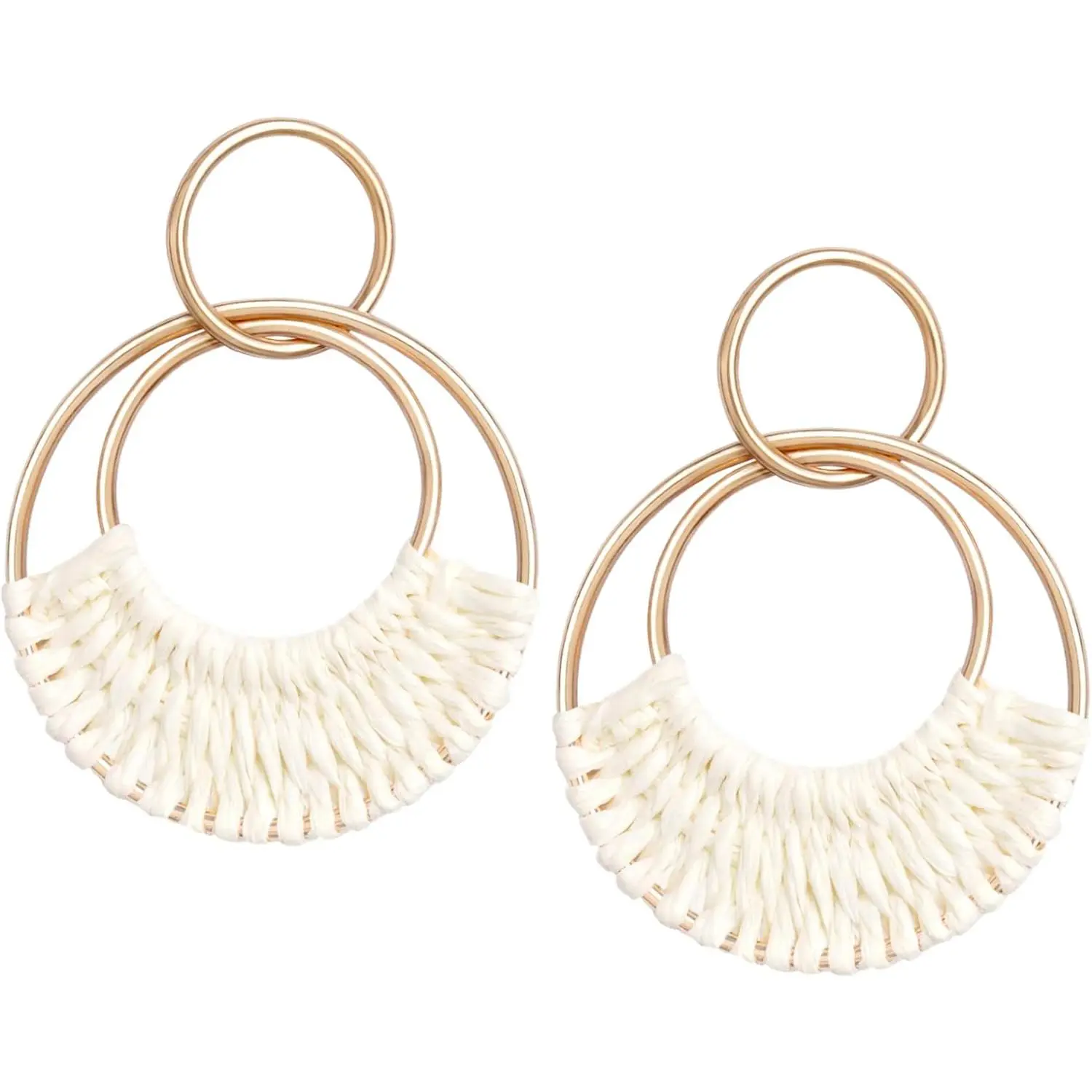 Raffia Hoop Earrings for Women Fun Boho Summer Beach Earrings Lightweight Straw Wicker Rattan Dangle Earrings Statement Geometric Round Drop Earrings
